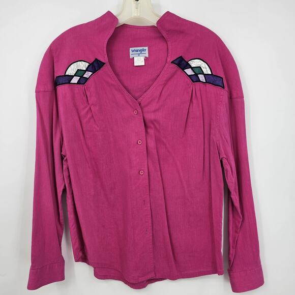 Wrangler Western Cowgirl Pink Blouse Applique Shirt Button Front Size Medium 90s - Picture 1 of 8
